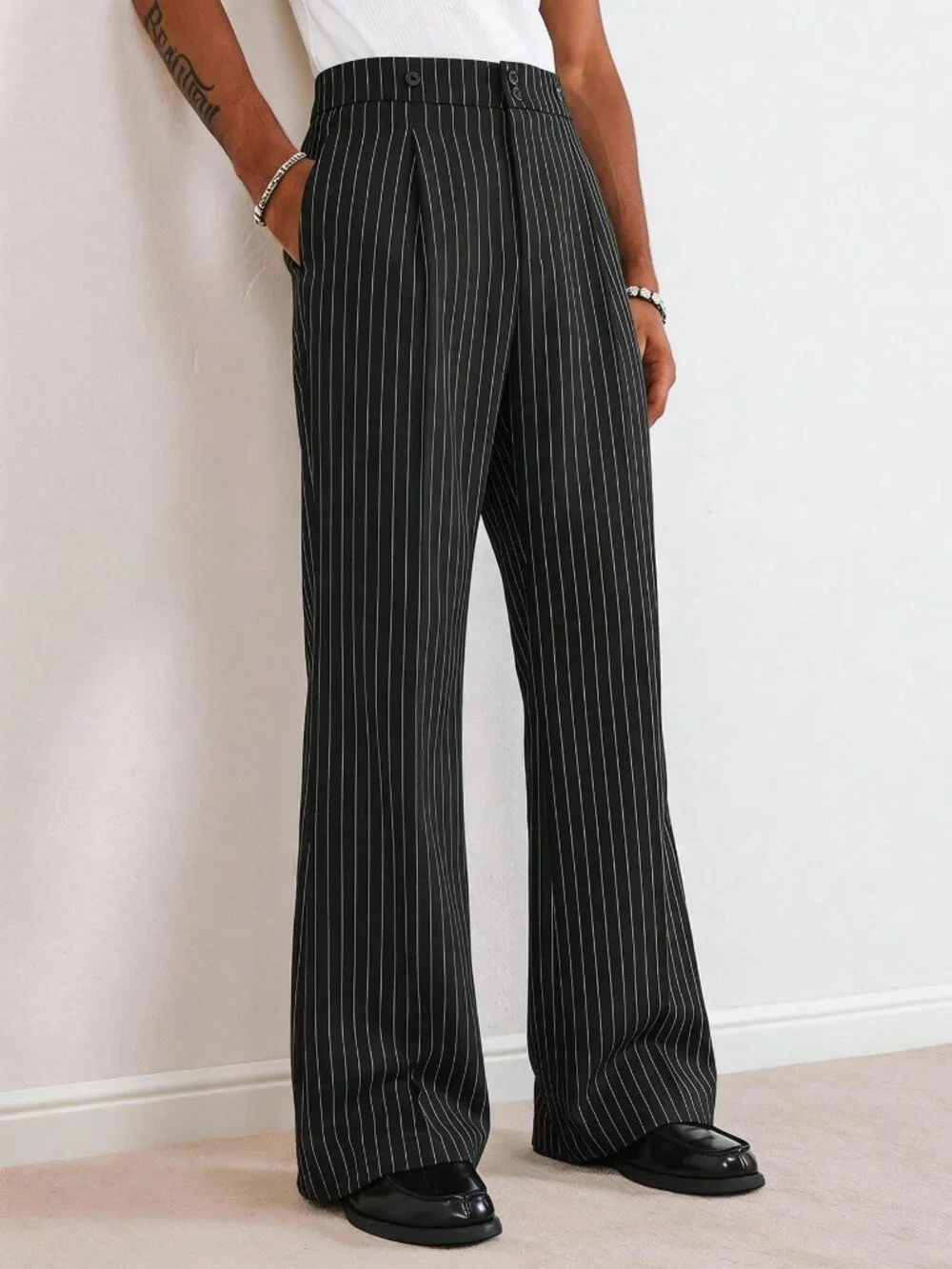 Black Casual Men's Striped Casual Long Pants With Pockets